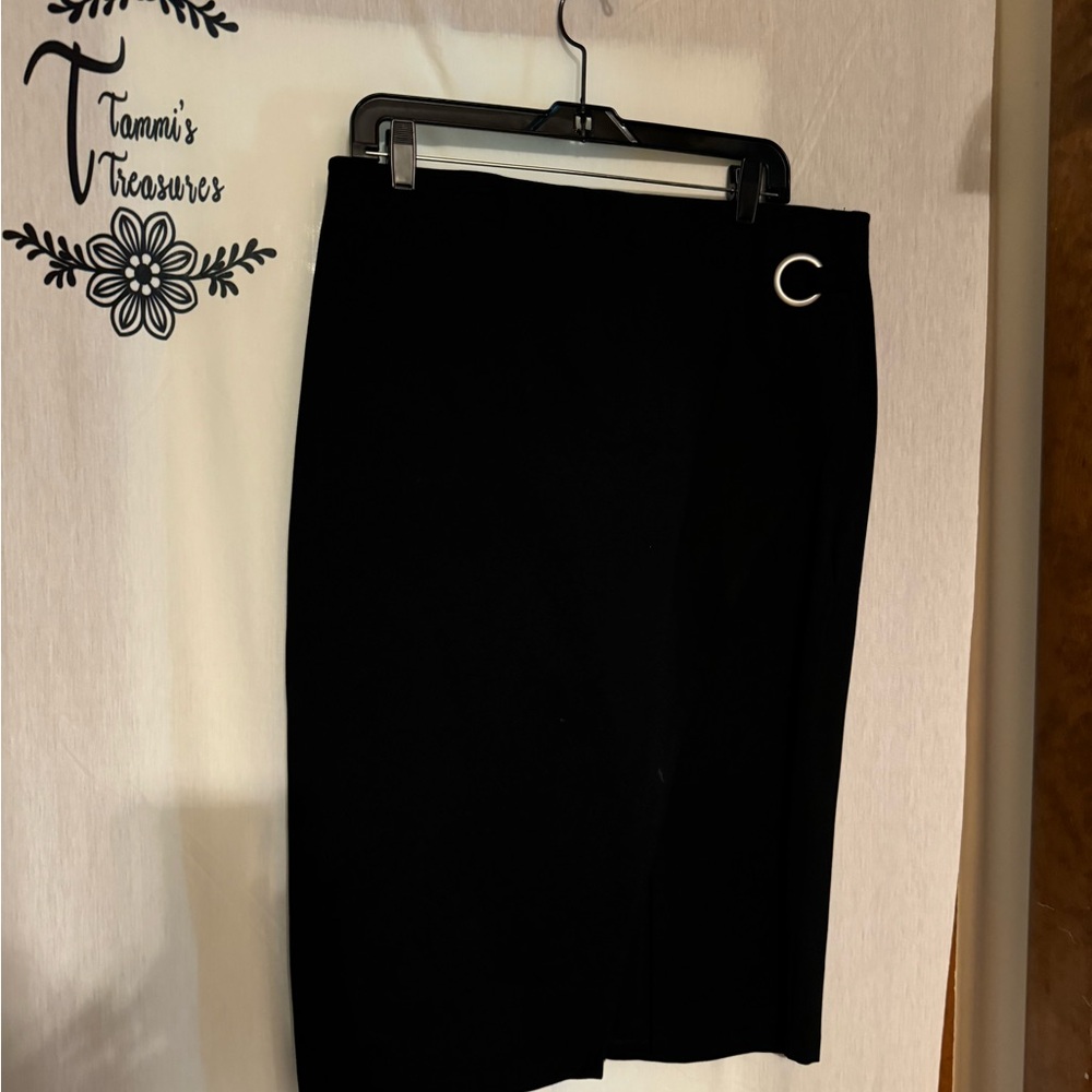 Women’s Black Pencil Skirt with side slit and gold ring accent  -  Size 14